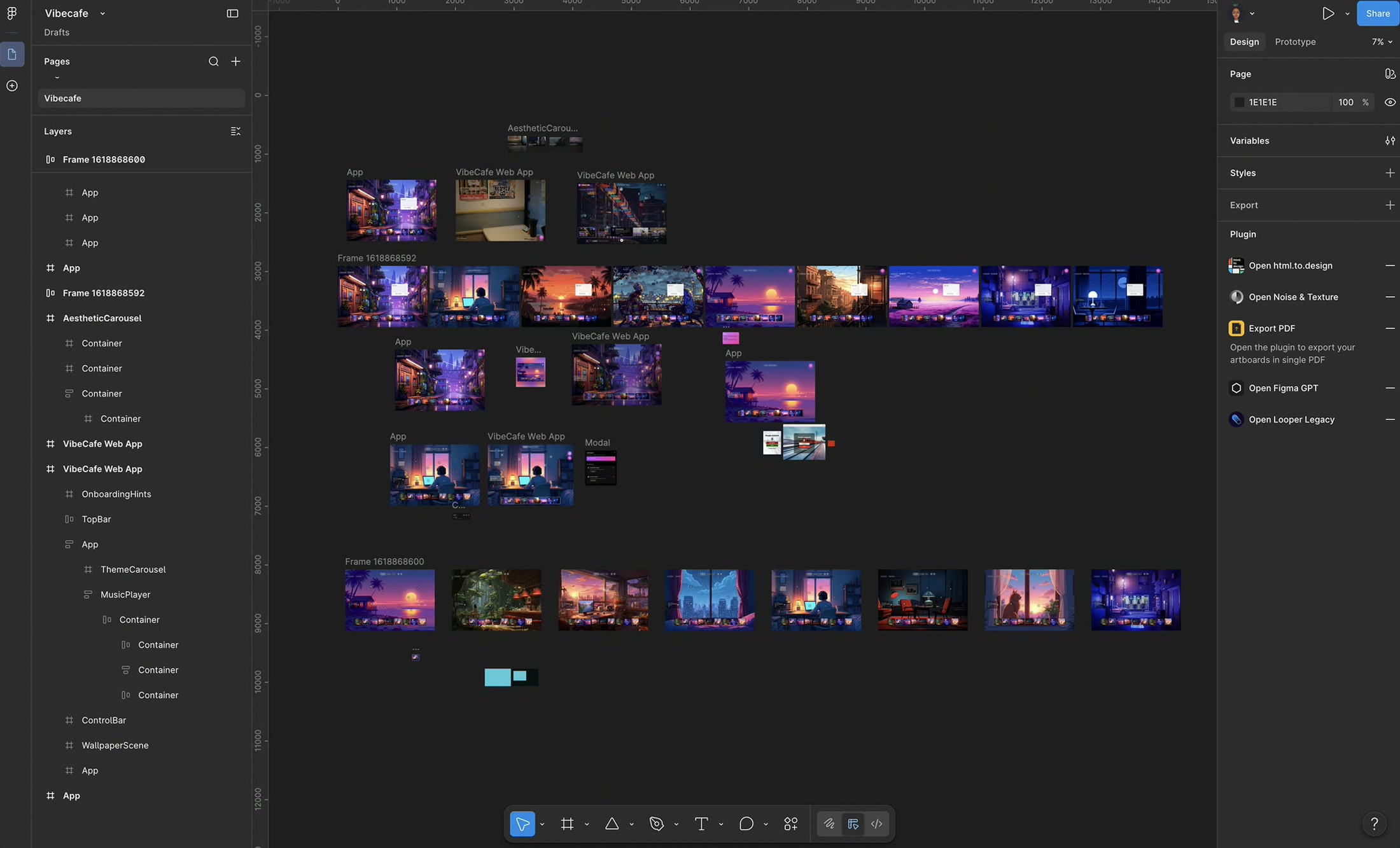 Figma file showing VibeCafe scene iterations